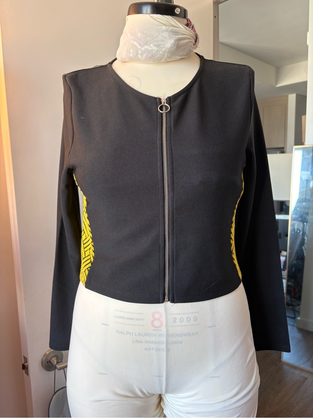 Divided Black Crop Zip Top with Yellow Side Panels
